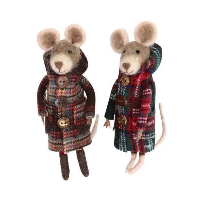 Gisela Graham Wool Mix Mice in Plaid Coats Christmas Decoration (set of 2)